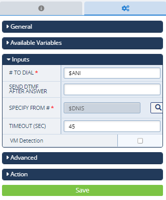 The Inputs section of the Configuration Panel for a Dial action